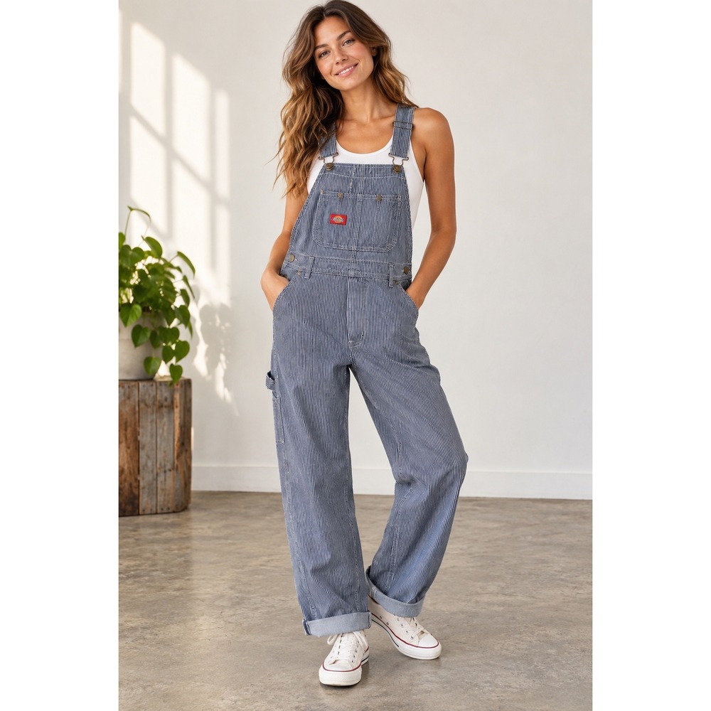 Dickies Overalls Womens M Hickory Stripe Relaxed Fit Bib Railroad Workwear